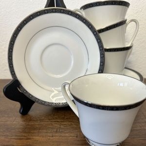 Noritake Peking 2229 White Geometric Black Trim Band Fruit Bowl Set of 4